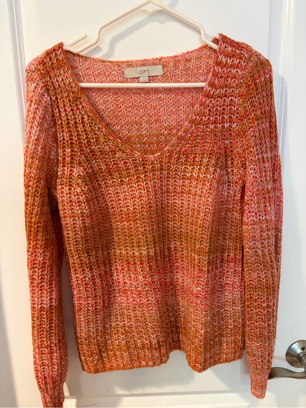 LOFT Women's Pink and Orange Blend V-Neck Sweater, Size S
